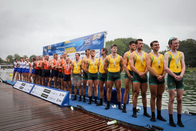 RECORD DATE NOT STATED 30th August 2026; Bosbaan, Amsterdam, Holland, Netherlands; 2026 World Rowing Championships, Final Day; the medal ceremony; Australia Mens Eight (M8+) with Rohan Lavery, Austin Reinehr, Alex Nichol, Jack Robertson, Harry Manton, Fergus Hamilton, Patrick Long and Mitch Salisbury, coxed by Nicholas Dunlop bronze medallists AnthonyxBenoit