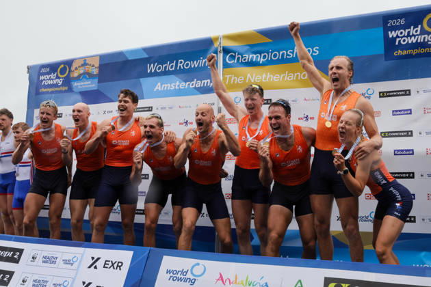 RECORD DATE NOT STATED 30th August 2026; Bosbaan, Amsterdam, Holland, Netherlands; 2026 World Rowing Championships, Final Day; the medal ceremony; Netherlands Mens Eight (M8+) with Ralf Rienks, Finn Florijn, Wibout Rustenburg, Jorn Salverda, Sander de Graaf, Pieter van Veen, Jan van der Bij and Mick Makker, coxed by Jonna de Vries gold medallists AnthonyxBenoit