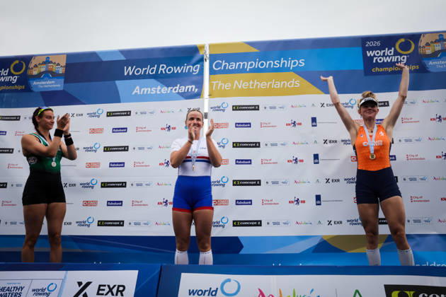RECORD DATE NOT STATED 30th August 2026; Bosbaan, Amsterdam, Holland, Netherlands; 2026 World Rowing Championships, Final Day; the medal ceremony; Ireland Womens Single Sculls (W1x) with Fiona Murtagh silver medallist, Great Britain Womens Single Sculls (W1x) with Lauren Henry gold medallist and Netherlands Womens Single Sculls (W1x) with Karolien Florijn bronze medallist AnthonyxBenoit