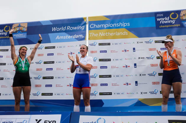 RECORD DATE NOT STATED 30th August 2026; Bosbaan, Amsterdam, Holland, Netherlands; 2026 World Rowing Championships, Final Day; the medal ceremony; Ireland Womens Single Sculls (W1x) with Fiona Murtagh silver medallist, Great Britain Womens Single Sculls (W1x) with Lauren Henry gold medallist and Netherlands Womens Single Sculls (W1x) with Karolien Florijn bronze medallist AnthonyxBenoit