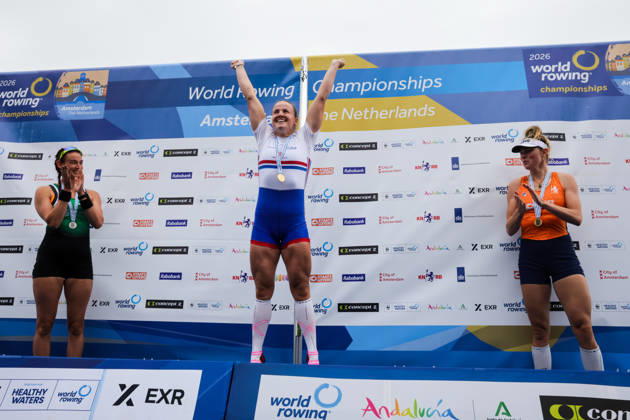 RECORD DATE NOT STATED 30th August 2026; Bosbaan, Amsterdam, Holland, Netherlands; 2026 World Rowing Championships, Final Day; the medal ceremony; Ireland Womens Single Sculls (W1x) with Fiona Murtagh silver medallist, Great Britain Womens Single Sculls (W1x) with Lauren Henry gold medallist and Netherlands Womens Single Sculls (W1x) with Karolien Florijn bronze medallist AnthonyxBenoit