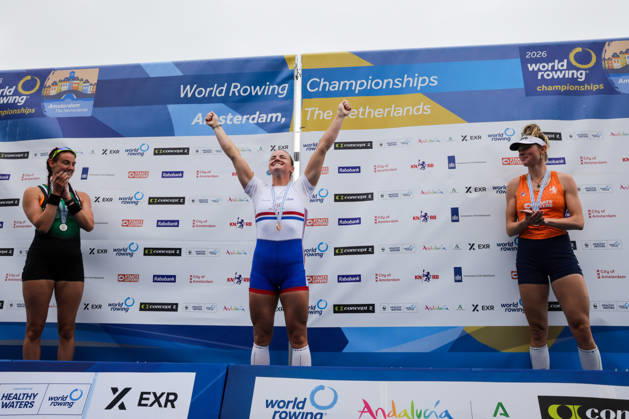 RECORD DATE NOT STATED 30th August 2026; Bosbaan, Amsterdam, Holland, Netherlands; 2026 World Rowing Championships, Final Day; the medal ceremony; Ireland Womens Single Sculls (W1x) with Fiona Murtagh silver medallist, Great Britain Womens Single Sculls (W1x) with Lauren Henry gold medallist and Netherlands Womens Single Sculls (W1x) with Karolien Florijn bronze medallist AnthonyxBenoit