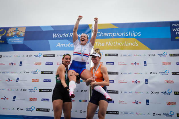 RECORD DATE NOT STATED 30th August 2026; Bosbaan, Amsterdam, Holland, Netherlands; 2026 World Rowing Championships, Final Day; the medal ceremony; Ireland Womens Single Sculls (W1x) with Fiona Murtagh silver medallist, Great Britain Womens Single Sculls (W1x) with Lauren Henry gold medallist and Netherlands Womens Single Sculls (W1x) with Karolien Florijn bronze medallist AnthonyxBenoit