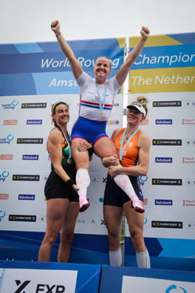 RECORD DATE NOT STATED 30th August 2026; Bosbaan, Amsterdam, Holland, Netherlands; 2026 World Rowing Championships, Final Day; the medal ceremony; Ireland Womens Single Sculls (W1x) with Fiona Murtagh silver medallist, Great Britain Womens Single Sculls (W1x) with Lauren Henry gold medallist and Netherlands Womens Single Sculls (W1x) with Karolien Florijn bronze medallist AnthonyxBenoit