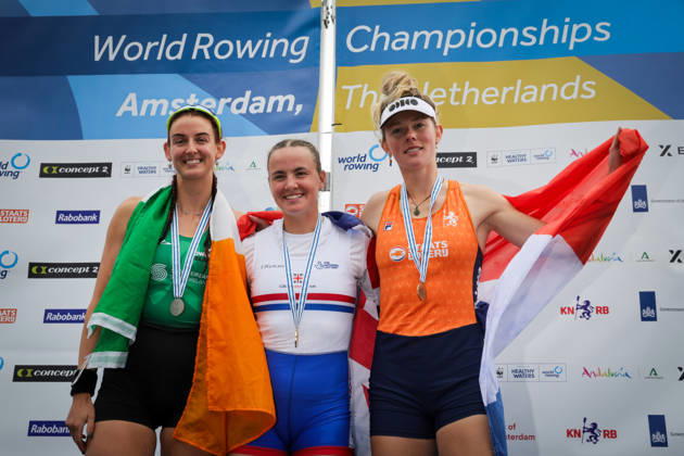 RECORD DATE NOT STATED 30th August 2026; Bosbaan, Amsterdam, Holland, Netherlands; 2026 World Rowing Championships, Final Day; the medal ceremony; Ireland Womens Single Sculls (W1x) with Fiona Murtagh silver medallist, Great Britain Womens Single Sculls (W1x) with Lauren Henry gold medallist and Netherlands Womens Single Sculls (W1x) with Karolien Florijn bronze medallist AnthonyxBenoit