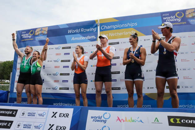 RECORD DATE NOT STATED 30th August 2026; Bosbaan, Amsterdam, Holland, Netherlands; 2026 World Rowing Championships, Final Day; the medal ceremony; Ireland Mixed Double Sculls (Mix2x) with Konan Pazzaia and Margaret Cremen silver medallists, Netherlands Mixed Double Sculls (Mix2x) with Roos de Jong and Simon van Dorp gold medallists and United States Mixed Double Sculls (Mix2x) with Sophia Vitas and Cedar Cunningham bronze medallists AnthonyxBenoit