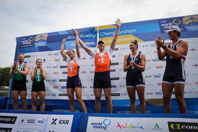 RECORD DATE NOT STATED 30th August 2026; Bosbaan, Amsterdam, Holland, Netherlands; 2026 World Rowing Championships, Final Day; the medal ceremony; Ireland Mixed Double Sculls (Mix2x) with Konan Pazzaia and Margaret Cremen silver medallists, Netherlands Mixed Double Sculls (Mix2x) with Roos de Jong and Simon van Dorp gold medallists and United States Mixed Double Sculls (Mix2x) with Sophia Vitas and Cedar Cunningham bronze medallists AnthonyxBenoit