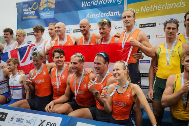 RECORD DATE NOT STATED 30th August 2026; Bosbaan, Amsterdam, Holland, Netherlands; 2026 World Rowing Championships, Final Day; the medal ceremony; Netherlands Mens Eight (M8+) with Ralf Rienks, Finn Florijn, Wibout Rustenburg, Jorn Salverda, Sander de Graaf, Pieter van Veen, Jan van der Bij and Mick Makker, coxed by Jonna de Vries gold medallists AnthonyxBenoit
