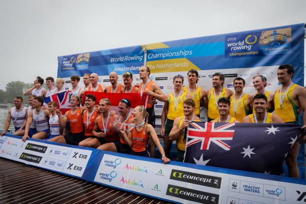 RECORD DATE NOT STATED 30th August 2026; Bosbaan, Amsterdam, Holland, Netherlands; 2026 World Rowing Championships, Final Day; Great Britain Mens Eight (M8+) with William Stewart, Matthew Rowe, Gabriel Obholzer, Samuel Nunn, David Bewicke-Copley, Harry Geffen, Miles Beeson and Archie Drummond, coxed by Tom Bryce silver medallists, Netherlands Mens Eight (M8+) with Ralf Rienks, Finn Florijn, Wibout Rustenburg, Jorn Salverda, Sander de Graaf, Pieter van Veen, Jan van der Bij and Mick Makker, coxed by Jonna de Vries gold medallists and Australia Mens Eight (M8+) with Rohan Lavery, Austin Reinehr, Alex Nichol, Jack Robertson, Harry Manton, Fergus Hamilton, Patrick Long and Mitch Salisbury, coxed by Nicholas Dunlop bronze medallists AnthonyxBenoit