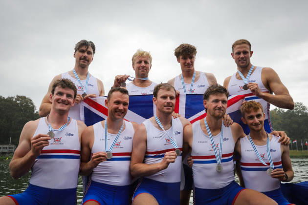 RECORD DATE NOT STATED 30th August 2026; Bosbaan, Amsterdam, Holland, Netherlands; 2026 World Rowing Championships, Final Day; Great Britain Mens Eight (M8+) with William Stewart, Matthew Rowe, Gabriel Obholzer, Samuel Nunn, David Bewicke-Copley, Harry Geffen, Miles Beeson and Archie Drummond, coxed by Tom Bryce silver medallists AnthonyxBenoit