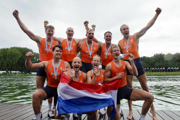 RECORD DATE NOT STATED 30th August 2026; Bosbaan, Amsterdam, Holland, Netherlands; 2026 World Rowing Championships, Final Day; the medal ceremony; Netherlands Mens Eight (M8+) with Ralf Rienks, Finn Florijn, Wibout Rustenburg, Jorn Salverda, Sander de Graaf, Pieter van Veen, Jan van der Bij and Mick Makker, coxed by Jonna de Vries gold medallists AnthonyxBenoit