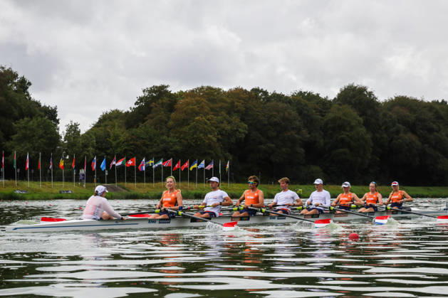 RECORD DATE NOT STATED 30th August 2026; Bosbaan, Amsterdam, Holland, Netherlands; 2026 World Rowing Championships, Final Day; Final A; Netherlands Mixed Eight (Mix8+) with Linn van Aanholt, Nika Johanna Vos, Ymkje Clevering, Gert-Jan van Doorn, Lennart van Lierop, Eli Brouwer, Rik Rienks and Tinka Offereins, coxed by Richelle Rietdijk warm up AnthonyxBenoit