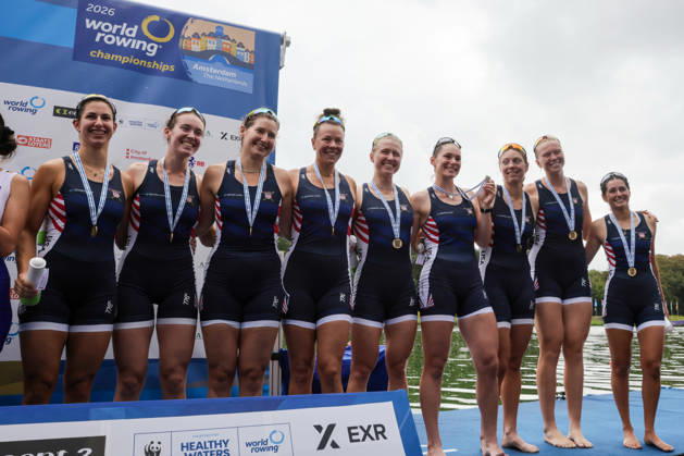 RECORD DATE NOT STATED 30th August 2026; Bosbaan, Amsterdam, Holland, Netherlands; 2026 World Rowing Championships, Final Day; the medal ceremony; United States Womens Eight (W8+) with Dahlia Levine, Megan Lee, Charlotte Buck, Jess Thoennes, Claire Collins, Camille Vandermeer, Alexandria Vallancey-Martinson and Etta Carpender, coxed by Nina Castagna bronze medallists AnthonyxBenoit