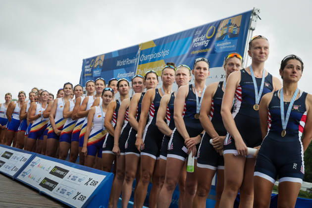 RECORD DATE NOT STATED 30th August 2026; Bosbaan, Amsterdam, Holland, Netherlands; 2026 World Rowing Championships, Final Day; the medal ceremony; United States Womens Eight (W8+) with Dahlia Levine, Megan Lee, Charlotte Buck, Jess Thoennes, Claire Collins, Camille Vandermeer, Alexandria Vallancey-Martinson and Etta Carpender, coxed by Nina Castagna bronze medallists AnthonyxBenoit