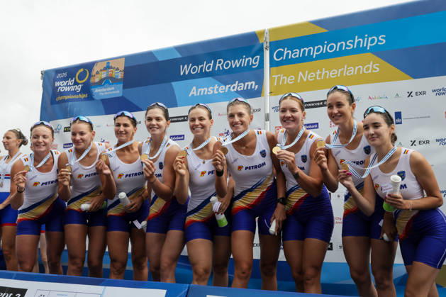RECORD DATE NOT STATED 30th August 2026; Bosbaan, Amsterdam, Holland, Netherlands; 2026 World Rowing Championships, Final Day; the medal ceremony; Romania Womens Eight (W8+) with Cristina Druga, Geanina Dumitrit Juncanariu, Ancuta Bodnar, Maria Lehaci, Maria Magdalena Rusu, Amalia Chelaru, Adriana Adam and Simona Radis, coxed by Victoria Stefani Petreanu gold medallists AnthonyxBenoit