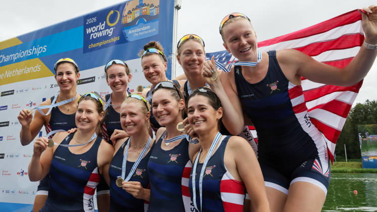 RECORD DATE NOT STATED 30th August 2026; Bosbaan, Amsterdam, Holland, Netherlands; 2026 World Rowing Championships, Final Day; the medal ceremony; United States Womens Eight (W8+) with Dahlia Levine, Megan Lee, Charlotte Buck, Jess Thoennes, Claire Collins, Camille Vandermeer, Alexandria Vallancey-Martinson and Etta Carpender, coxed by Nina Castagna bronze medallists AnthonyxBenoit