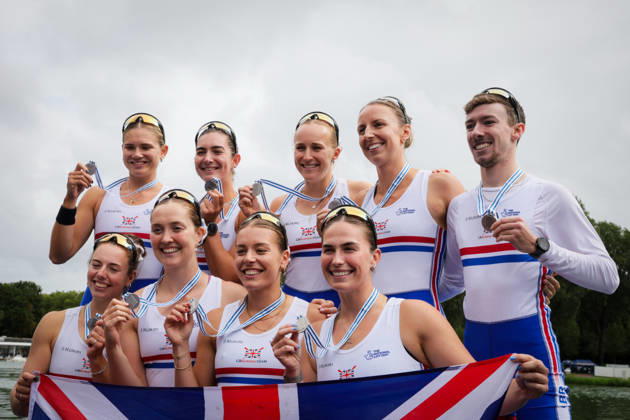 RECORD DATE NOT STATED 30th August 2026; Bosbaan, Amsterdam, Holland, Netherlands; 2026 World Rowing Championships, Final Day; the medal ceremony; Great Britain Womens Eight (W8+) with Elizabeth Witt, Jade Lindo, Amelia Standing, Katherine George, Lauren Irwin, Eve Stewart, Heidi Long and Annie Campbell-Orde, coxed by Jack Tottem silver medallists AnthonyxBenoit