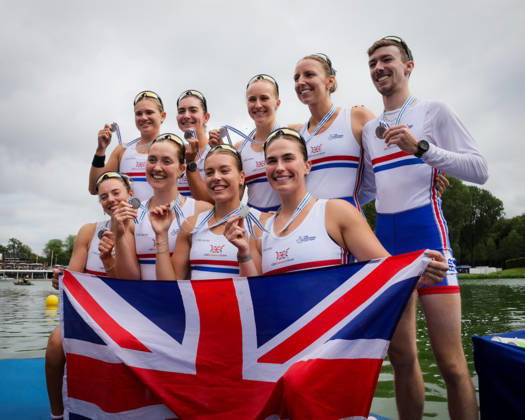 RECORD DATE NOT STATED 30th August 2026; Bosbaan, Amsterdam, Holland, Netherlands; 2026 World Rowing Championships, Final Day; the medal ceremony; Great Britain Womens Eight (W8+) with Elizabeth Witt, Jade Lindo, Amelia Standing, Katherine George, Lauren Irwin, Eve Stewart, Heidi Long and Annie Campbell-Orde, coxed by Jack Tottem silver medallists AnthonyxBenoit