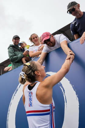 RECORD DATE NOT STATED 30th August 2026; Bosbaan, Amsterdam, Holland, Netherlands; 2026 World Rowing Championships, Final Day; the medal ceremony; Great Britain Womens Eight (W8+) with Elizabeth Witt, Jade Lindo, Amelia Standing, Katherine George, Lauren Irwin, Eve Stewart, Heidi Long and Annie Campbell-Orde, coxed by Jack Tottem silver medallists celebrate with supporters AnthonyxBenoit