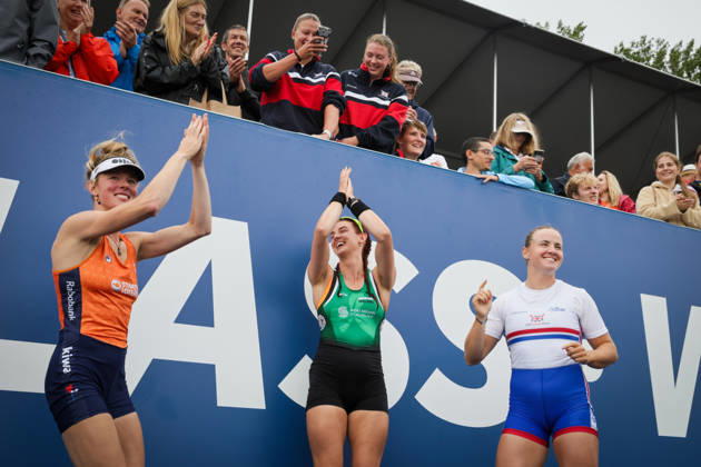 RECORD DATE NOT STATED 30th August 2026; Bosbaan, Amsterdam, Holland, Netherlands; 2026 World Rowing Championships, Final Day; the medal ceremony Netherlands Womens Single Sculls (W1x) with Karolien Florijn bronze medallist, Ireland Womens Single Sculls (W1x) with Fiona Murtagh silver medallist and Great Britain Womens Single Sculls (W1x) with Lauren Henry gold medallist celebrate with supporters AnthonyxBenoit