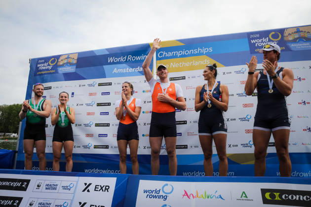 RECORD DATE NOT STATED 30th August 2026; Bosbaan, Amsterdam, Holland, Netherlands; 2026 World Rowing Championships, Final Day; the medal ceremony; Ireland Mixed Double Sculls (Mix2x) with Konan Pazzaia and Margaret Cremen silver medallists, Netherlands Mixed Double Sculls (Mix2x) with Roos de Jong and Simon van Dorp gold medallists and United States Mixed Double Sculls (Mix2x) with Sophia Vitas and Cedar Cunningham bronze medallists AnthonyxBenoit