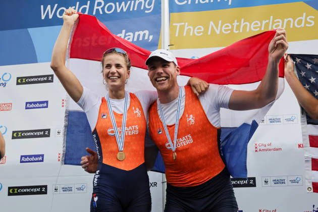 RECORD DATE NOT STATED 30th August 2026; Bosbaan, Amsterdam, Holland, Netherlands; 2026 World Rowing Championships, Final Day; the medal ceremony; Netherlands Mixed Double Sculls (Mix2x) with Roos de Jong and Simon van Dorp gold medallists AnthonyxBenoit