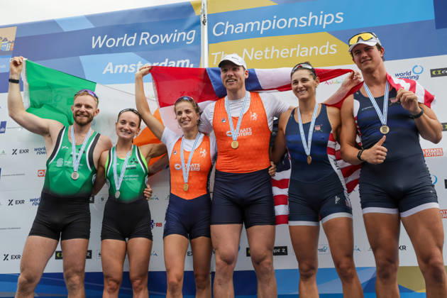 RECORD DATE NOT STATED 30th August 2026; Bosbaan, Amsterdam, Holland, Netherlands; 2026 World Rowing Championships, Final Day; the medal ceremony; Ireland Mixed Double Sculls (Mix2x) with Konan Pazzaia and Margaret Cremen silver medallists, Netherlands Mixed Double Sculls (Mix2x) with Roos de Jong and Simon van Dorp gold medallists and United States Mixed Double Sculls (Mix2x) with Sophia Vitas and Cedar Cunningham bronze medallists AnthonyxBenoit