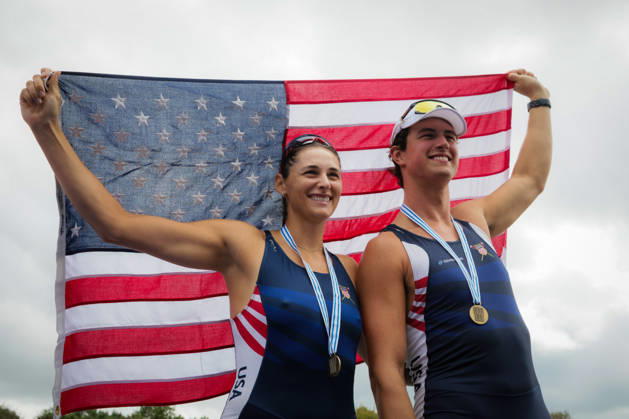 RECORD DATE NOT STATED 30th August 2026; Bosbaan, Amsterdam, Holland, Netherlands; 2026 World Rowing Championships, Final Day; the medal ceremony; United States Mixed Double Sculls (Mix2x) with Sophia Vitas and Cedar Cunningham bronze medallists AnthonyxBenoit