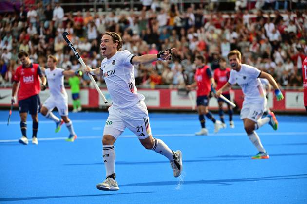 RECORD DATE NOT STATED German Michel Struthoff celebrate after scoring during a Field hockey, Feldhockey game between Spain and Germany, the men s final at the 2026 Hockey World Cup, on Sunday 30 August 2026, in Wavre. The 2026 edition of the Hockey World Cup takes place in Belgium and The Netherlands from August 15 to August 30. DIRKxWAEM  x184757368x
