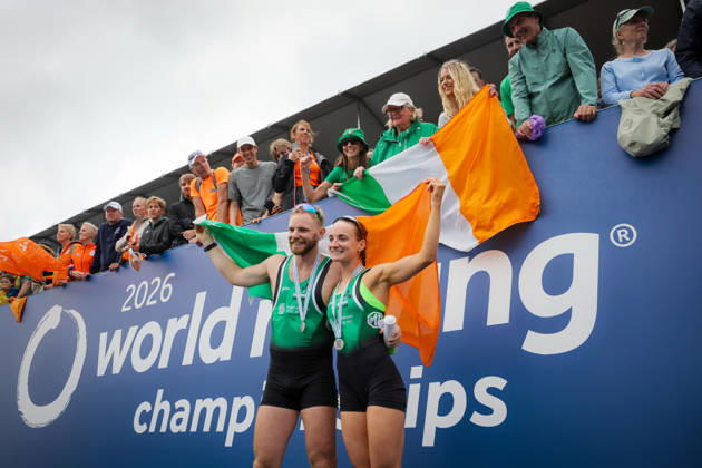 RECORD DATE NOT STATED 30th August 2026; Bosbaan, Amsterdam, Holland, Netherlands; 2026 World Rowing Championships, Final Day; the medal ceremony; Ireland Mixed Double Sculls (Mix2x) with Konan Pazzaia and Margaret Cremen silver medallists AnthonyxBenoit