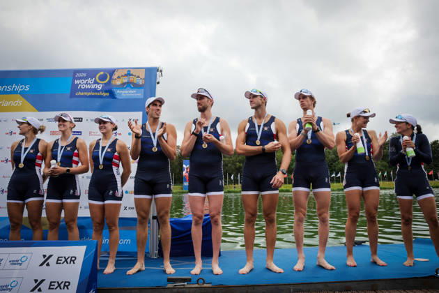 RECORD DATE NOT STATED 30th August 2026; Bosbaan, Amsterdam, Holland, Netherlands; 2026 World Rowing Championships, Final Day; the medal ceremony; United States Mixed Eight (Mix8+) with Molly Bruggeman, Azja Czajkowski, Teal Cohen, Gus Rodriguez, Peter Chatain, Chris Carlson, Pieter Quinton and Kate Knifton, coxed by Rachel Rane bronze medallists AnthonyxBenoit