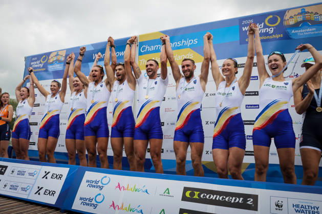 RECORD DATE NOT STATED 30th August 2026; Bosbaan, Amsterdam, Holland, Netherlands; 2026 World Rowing Championships, Final Day; the medal ceremony; Romania Mixed Eight (Mix8+) with Cristina Druga, Amalia Chelaru, Adriana Adam, Florin Sorin Lehaci, Cosmin Iulian Plesescu, Ciprian Tudosa, Stefan Constanti Berariu and Simona Radis, coxed by Victoria Stefani Petreanu gold medallists AnthonyxBenoit