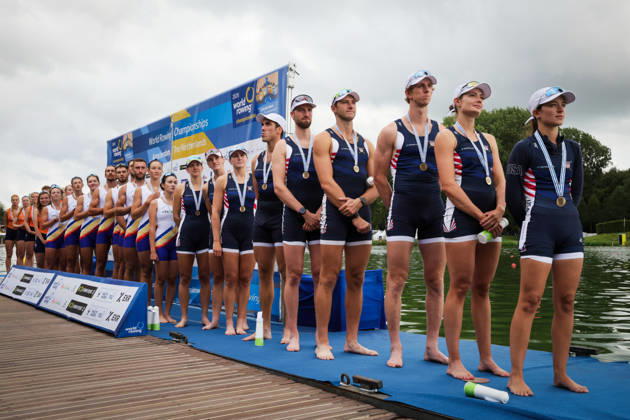 RECORD DATE NOT STATED 30th August 2026; Bosbaan, Amsterdam, Holland, Netherlands; 2026 World Rowing Championships, Final Day; the medal ceremony; United States Mixed Eight (Mix8+) with Molly Bruggeman, Azja Czajkowski, Teal Cohen, Gus Rodriguez, Peter Chatain, Chris Carlson, Pieter Quinton and Kate Knifton, coxed by Rachel Rane bronze medallists AnthonyxBenoit