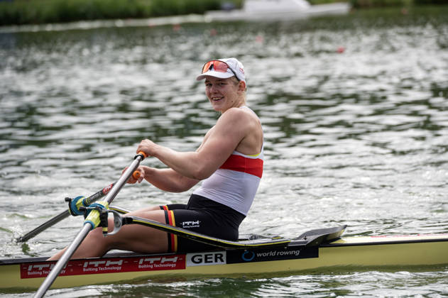 Amsterdam The Netherlands 30th August 2026 2026 World Rowing Championships on the Bosbaan in Amsterdam Women s Single Sculls Final B (Final) Alexandra Foester (GER) after winning the B final.