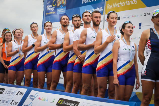 RECORD DATE NOT STATED 30th August 2026; Bosbaan, Amsterdam, Holland, Netherlands; 2026 World Rowing Championships, Final Day; the medal ceremony; Romania Mixed Eight (Mix8+) with Cristina Druga, Amalia Chelaru, Adriana Adam, Florin Sorin Lehaci, Cosmin Iulian Plesescu, Ciprian Tudosa, Stefan Constanti Berariu and Simona Radis, coxed by Victoria Stefani Petreanu gold medallists AnthonyxBenoit