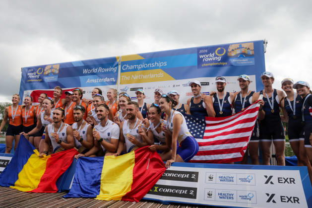 RECORD DATE NOT STATED 30th August 2026; Bosbaan, Amsterdam, Holland, Netherlands; 2026 World Rowing Championships, Final Day; the medal ceremony; Netherlands Mixed Eight (Mix8+) with Linn van Aanholt, Nika Johanna Vos, Ymkje Clevering, Gert-Jan van Doorn, Lennart van Lierop, Eli Brouwer, Rik Rienks and Tinka Offereins, coxed by Richelle Rietdijk silver medallists, Romania Mixed Eight (Mix8+) with Cristina Druga, Amalia Chelaru, Adriana Adam, Florin Sorin Lehaci, Cosmin Iulian Plesescu, Ciprian Tudosa, Stefan Constanti Berariu and Simona Radis, coxed by Victoria Stefani Petreanu gold medallists and United States Mixed Eight (Mix8+) with Molly Bruggeman, Azja Czajkowski, Teal Cohen, Gus Rodriguez, Peter Chatain, Chris Carlson, Pieter Quinton and Kate Knifton, coxed by Rachel Rane bronze medallists AnthonyxBenoit