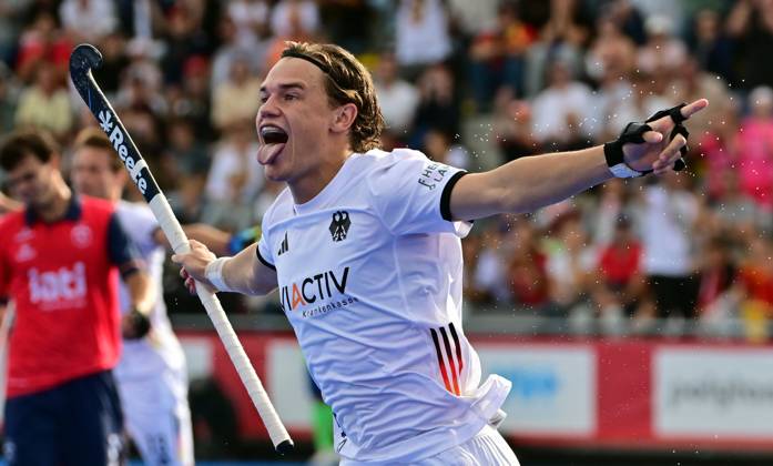 RECORD DATE NOT STATED German Michel Struthoff celebrate after scoring during a Field hockey, Feldhockey game between Spain and Germany, the men s final at the 2026 Hockey World Cup, on Sunday 30 August 2026, in Wavre. The 2026 edition of the Hockey World Cup takes place in Belgium and The Netherlands from August 15 to August 30. DIRKxWAEM  x184758115x