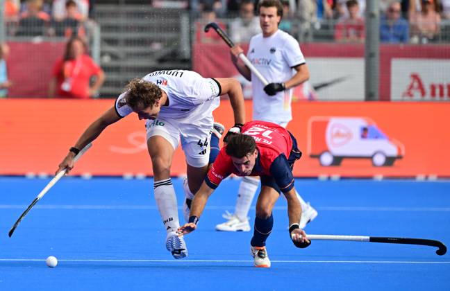 Germany s Ludwig Moritz and Spain s Marc Reyné a Field hockey, Feldhockey game between Spain and Germany, the men s final at the 2026 Hockey World Cup, on Sunday 30 August 2026, in Wavre. The 2026 edition of the Hockey World Cup takes place in Belgium and The Netherlands from August 15 to August 30. DIRKxWAEM  x184758293x