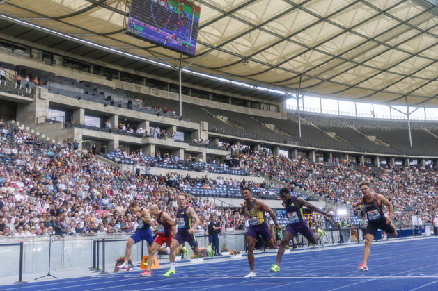 BERLIN, GERMANY - AUGUST 30, 2026: 100m - Amadeus GRÄBER (GER Germany), Leo NEUGEBAUER (GER Germany), Makenson GLETTY (FRA France) competing during the ISTAF at Olympic Stadium on August 30, 2026 in Berlin, Germany. Germany Copyright: xAxelxKohringx