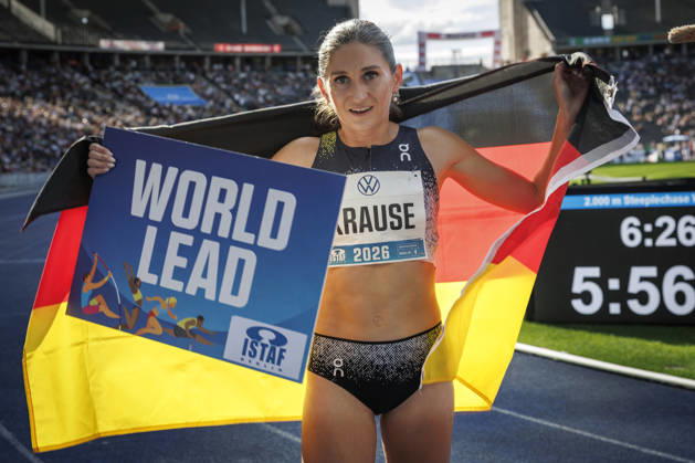 BERLIN, GERMANY - AUGUST 30, 2026: Gesa KRAUSE (GER Germany) presents the world lead after the 2000m steeplechase during the ISTAF at Olympic Stadium on August 30, 2026 in Berlin, Germany. Germany Copyright: xAxelxKohringx
