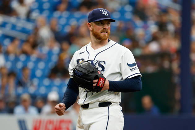 August 30, 2026, St. Petersburg, Florida, USA: Tampa Bay Rays pitcher Drew Rasmussen (57) reacts, when a ball is called against San Diego Padres second baseman Jake Cronenworth (9) during the fifth inning at Tropicana Field. MLB, Baseball Herren, USA 2026: Padres at Rays  - ZUMA_sp_ 20260830_mda_s70_830 Copyright: xJeffereexWoox