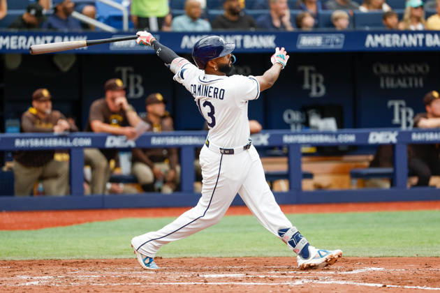 August 30, 2026, St. Petersburg, Florida, USA: Tampa Bay Rays third baseman Junior Caminero (13) homers off of San Diego Padres pitcher Robbie Ray (38) during the fourth inning at Tropicana Field. MLB, Baseball Herren, USA 2026: Padres at Rays  - ZUMA_sp_ 20260830_mda_s70_835 Copyright: xJeffereexWoox