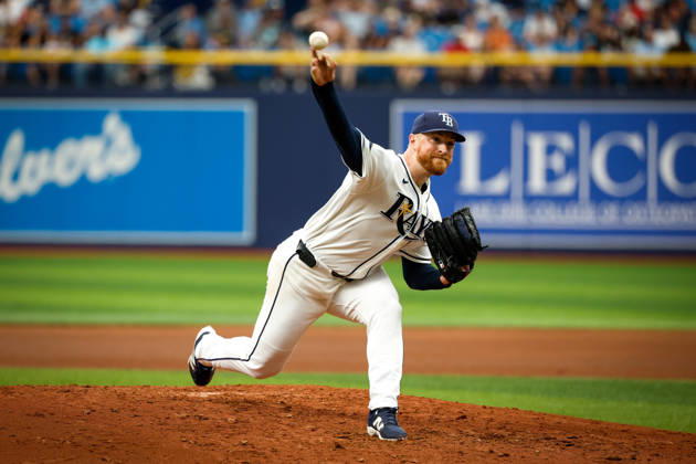 August 30, 2026, St. Petersburg, Florida, USA: Tampa Bay Rays pitcher Drew Rasmussen (57) pitches to San Diego Padres outfielder Jackson Merrill (3) during the fourth inning at Tropicana Field. MLB, Baseball Herren, USA 2026: Padres at Rays  - ZUMA_sp_ 20260830_mda_s70_836 Copyright: xJeffereexWoox