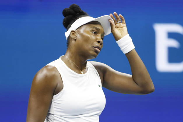 Venus Williams reacts after losing a point to Sofia Kenin in Arthur Ashe Stadium in the first round at the 2026 US Open Tennis Championship at the USTA Billie Jean King National Tennis Center in New York City on Sunday, August 30, 2026. Navone defeated Djokovic in 5 sets.  NYP20260830159 JOHNxANGELILLO
