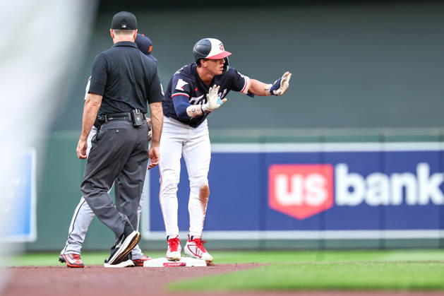 August 31st, 2026: Minnesota Twins right fielder Luke Keaschall (15) celebrates a double in the first inning during a MLB, Baseball Herren, USA Baseball game between the Detroit Tigers and the Minnesota Twins at Target Field in Minneapolis, Minnesota. CSM Minneapolis USA - ZUMAc04_ 20260831_zma_c04_001 Copyright: xStevenxGarciax