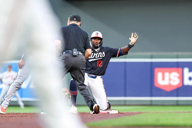 August 31st, 2026: Minnesota Twins shortstop Kaelen Culpepper (12) reacts after sliding into second base for a double against the Detroit Tigers in the third inning during a MLB, Baseball Herren, USA Baseball game between the Detroit Tigers and the Minnesota Twins at Target Field in Minneapolis, Minnesota. CSM Minneapolis USA - ZUMAc04_ 20260831_zma_c04_015 Copyright: xStevenxGarciax