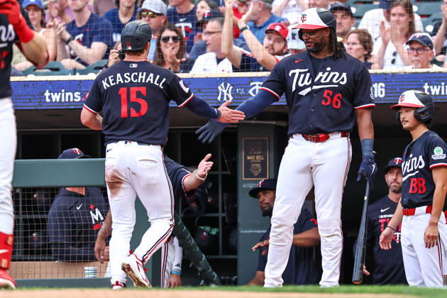 August 31st, 2026: Minnesota Twins right fielder Luke Keaschall (15) celebrates scoring on a RBI sac fly hit by Minnesota Twins second baseman Kody Clemens (2)(not pictured) in the first inning during a MLB, Baseball Herren, USA Baseball game between the Detroit Tigers and the Minnesota Twins at Target Field in Minneapolis, Minnesota. CSM Minneapolis USA - ZUMAc04_ 20260831_zma_c04_023 Copyright: xStevenxGarciax