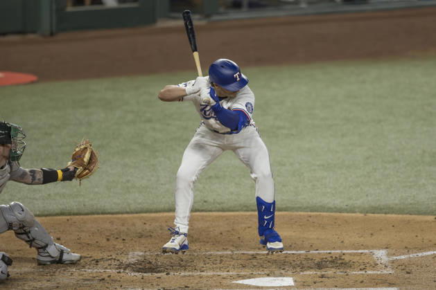 August 31, 2026, Arlington, Texas, USA: Texas Rangers second baseman JUSTIN FOSCUE (14) jumps away from a pitch thrown by Athletics at Globe Life Field. Rangers win 8-1. Arlington USA - ZUMAf180 20260831_zsp_f180_028 Copyright: xMarkxFannx
