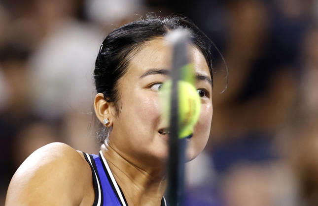 Alexandra Eala of the Philippines returns a ball to Mary.Stoiana in their first round match in Louis Armstrong Stadium at the 2026 US Open Tennis Championship at the USTA Billie Jean King National Tennis Center in New York City on Tuesday, September 1, 2026. NYP20260901120 JOHNxANGELILLO