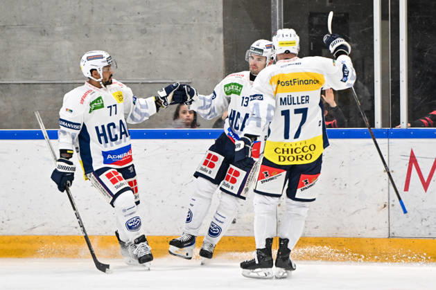 September 2, 2026, Bellinzona, Centro Sportivo Bellinzona, Friendly: HC Ambri Piotta vs. EHC Kloten; Manix Landry (Ambri) celebrates his goal with Michael Joly (Ambri) on the left and Miles Müller (Ambri) on the right; Bellinzona, Centro Sportivo Bellinzona, Ticino, Switzerland Copyright: xJustPictures.ch AndreaxBrancax jp-en-AnBr-AB_02092026_1658